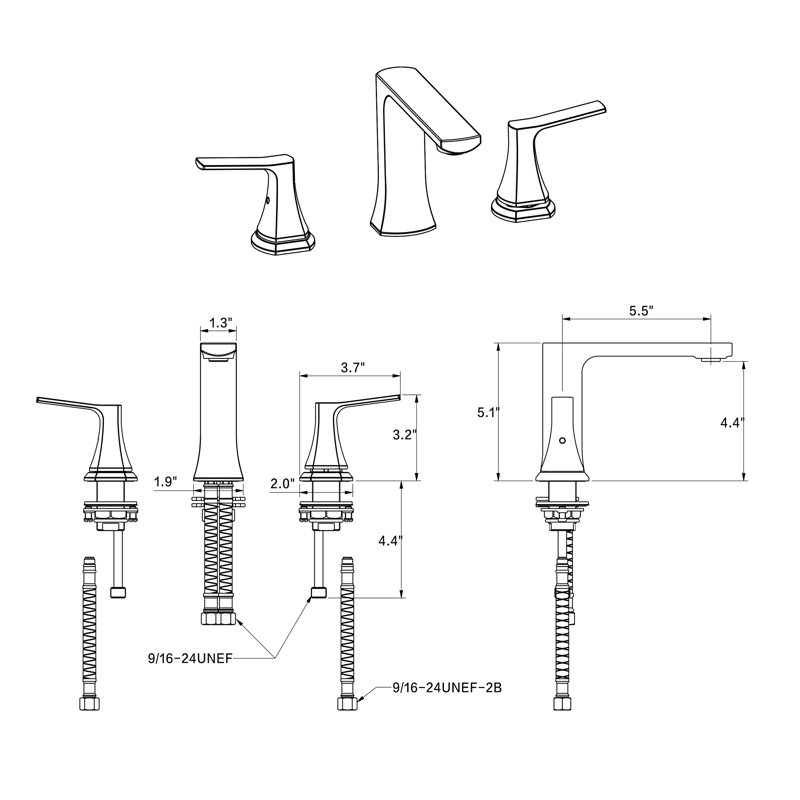 Widespread 2-handle Bathroom Faucet with Drain Assembly, Matt Black