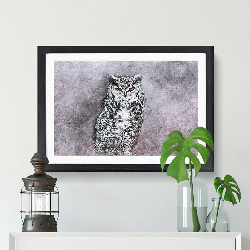 Horned Owl in Pink & Lilac in Abstract - Picture Frame Painting Print on MDF, 48cm H x 65cm W x 2cm D, Black Framed
