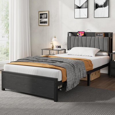 Structure de lit simple avec tiroirs de rangement et station de charge, lit plateforme tapissier avec tête de lit haute, support à lattes en métal, 2 prises USB et 2 prises, aucun sommier requis, assemblage facile
