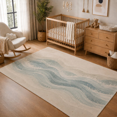 "Ultra Thin" 5' x 7' Abstract Blue Flowing Waves Area Rug, Soft Low Pile Indoor Rug with Non-Slip Silicone Backing, Modern Carpet for Living Room, Bedroom, Office, Family Room, Blue Ivory