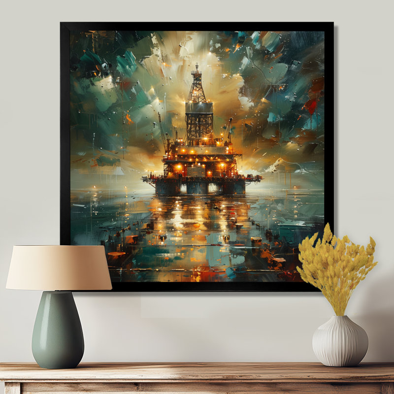 Décoration murale verte et noire «Oil Offshore Drill», H 30 po x l 30 po x P 1 po, Toile encadrée noire simple