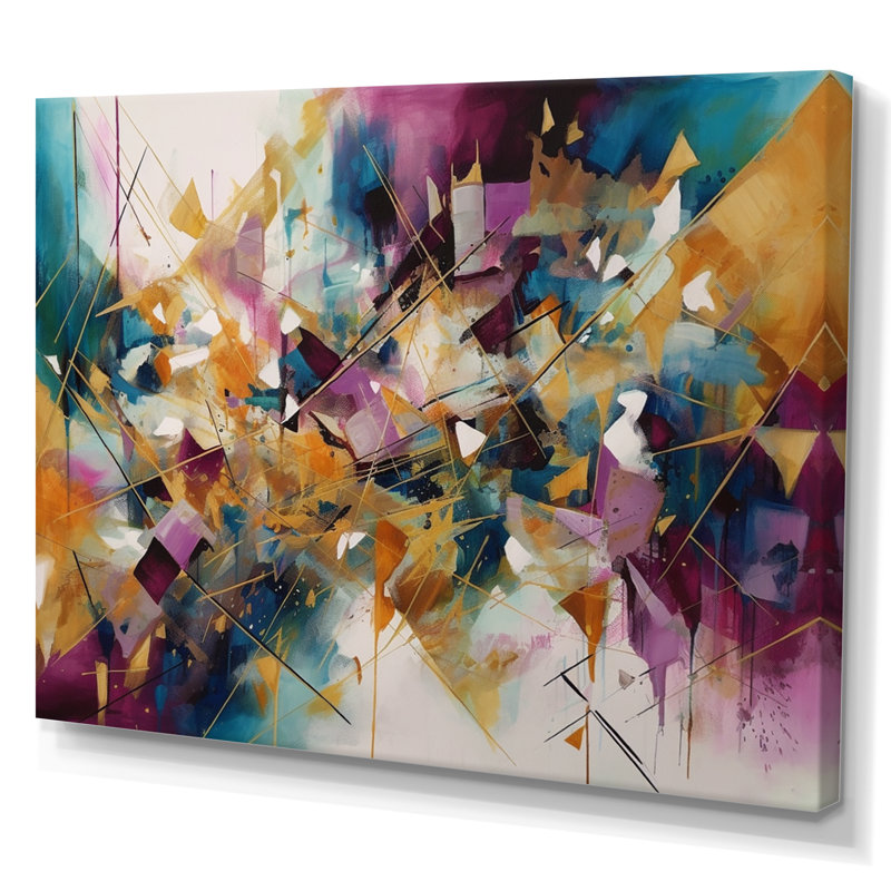 «Golden Explosion Triangles I», art abstrait sur toile géométrique, H 30 po x l 40 po x P 1,5 po, Toile tendue