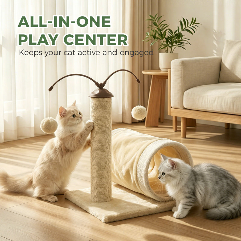 Centre d'activité d'intérieur pour arbre à chat avec poteau à griffes en sisal et jouets à pompons suspendus pour chat