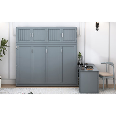 Grand lit mural gris avec bureau, armoires et mécanisme hydraulique peu encombrant, capacité de poids de 600 lb, rangement de bureau monté sur matelas de 6 po, pliable, support, compatible