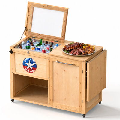 Chariot isotherme roulant en bois d'épinette pour l'extérieur avec bac isotherme amovible, table latérale rabattable, armoire de rangement, ouvre-bouteille et roues verrouillables