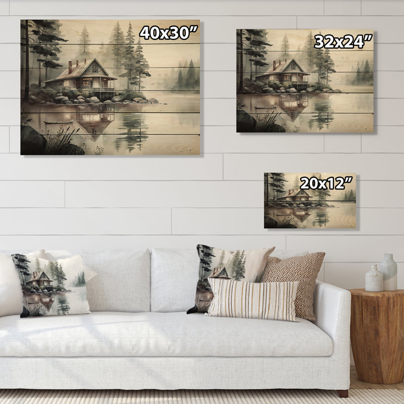 Cottage au bord du lac I - impression sur bois sans cadre, H 24 po x l 32 po x P 1 po