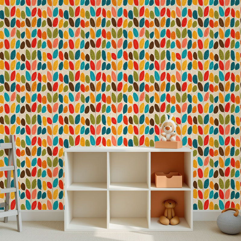 Papier peint adhésif peler et coller en PVC, revêtement mural auto-adhésif amovible avec imprimé de feuilles colorées rétro de style Mid-Century moderne, imperméable pour la décoration intérieure - Rouleau