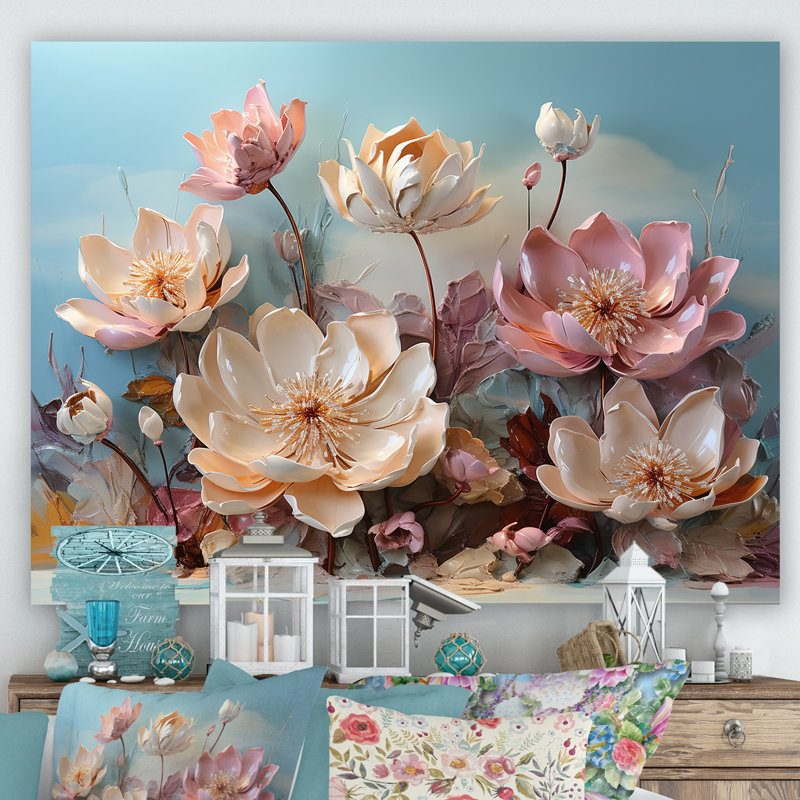 Fleur de lotus rose moderne - impression, Toile tendue, H 16 po x l 32 po x P 1 po