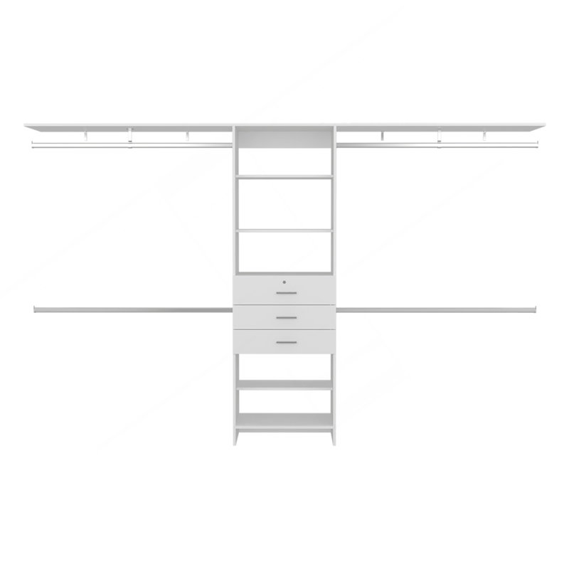 Plego 69"W - 118"W Drawers Closet System, Five Shelves, Four Hanging Rods, Three Drawers White, White