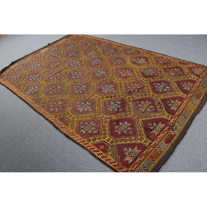 Grand tapis kilim turc antique avec broderie colorée en rouge - idéal pour les espaces de salon