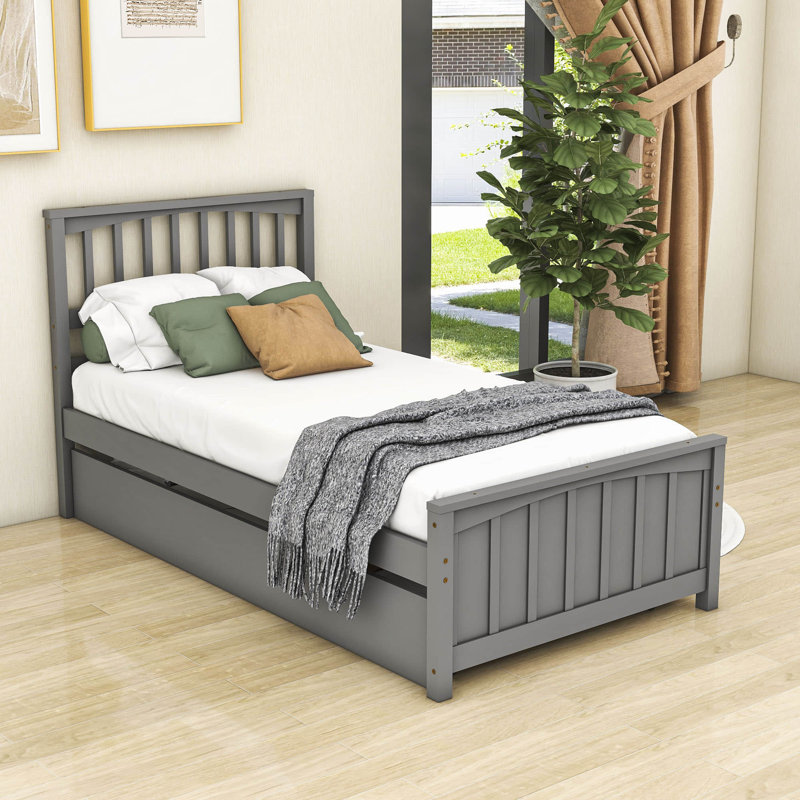 Elizabethann Twin Size Wooden Platform Bed with Trundle, Gray