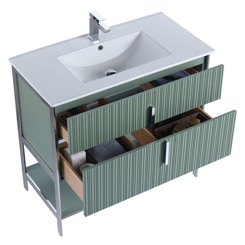  Serenity Modern Bathroom Vanity with White Ceramic Top, Chrome/Mint
