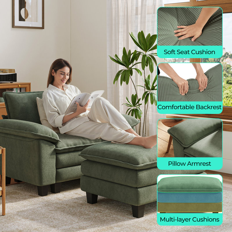  Fauteuil surdimensionné et demi avec repose-pieds Colbey , Velours côtelé vert Lena