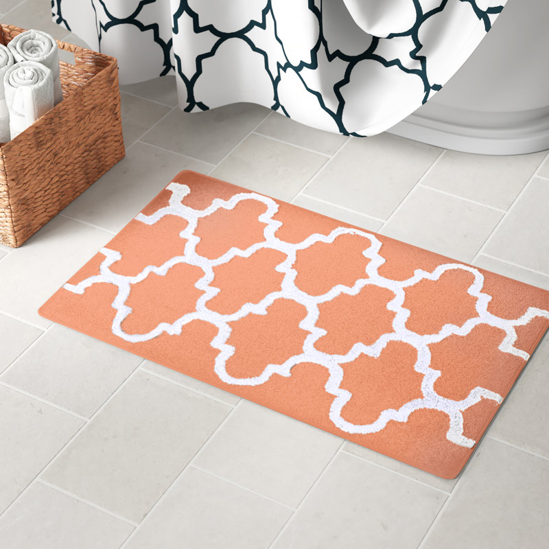 Anastatia Cotton Non-Slip Bath Rug, 34" x 21", Coral/White