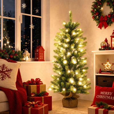 Sapin de Noël artificiel vert réaliste de 90 cm, préilluminé, avec base en toile de jute