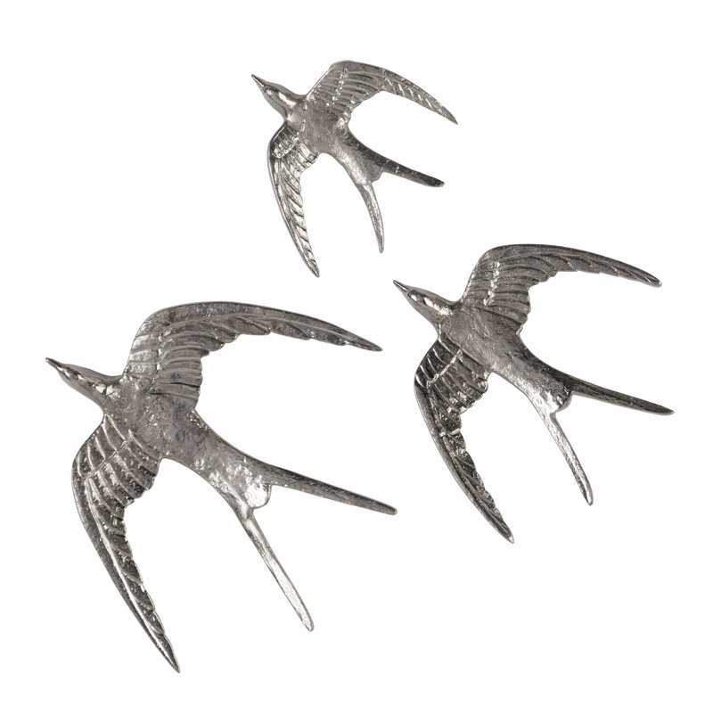 Set Of Three Nickel Birds In Flight, Silver