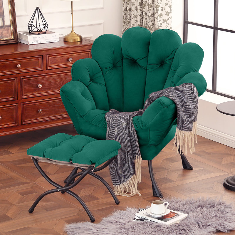 Lazy Chair With Ottoman, Modern Floral Chair With Folding Footrest, Lounge Accent Chair, Dark Green
