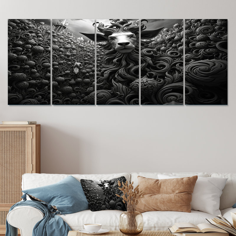Black And White  Goat Abstract Portrait II - Goat 5 Piece Wall Art Decor, 28" H x 60" W