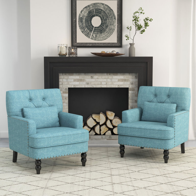 Arnice 29" W Button Tufted Upholstered Club Chair with Nailhead Trim (Set of 2), Lake Blue Polyester Blend