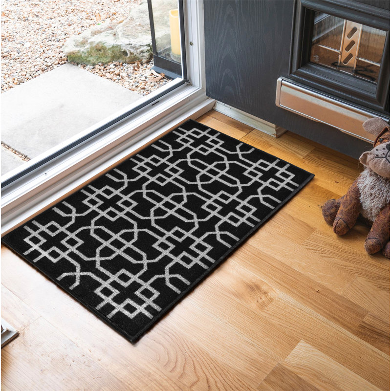 Faiqah Non-Slip Geometric Indoor Doormat, Black, Rectangle  80 x 150cm