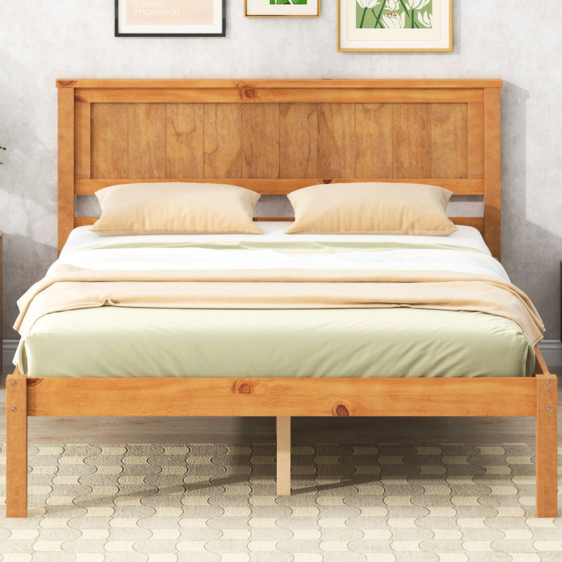 Structure de lit plateforme en chêne pour lit double avec tête de lit - lattes de bois, pas de sommier requis, Lit double