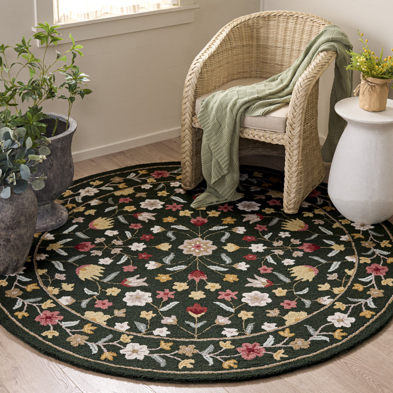 Laine touffetée à la main Chelsea Tapis d'intérieur floral en coton, Rond 6 pi 0 po x 6 pi 0 po