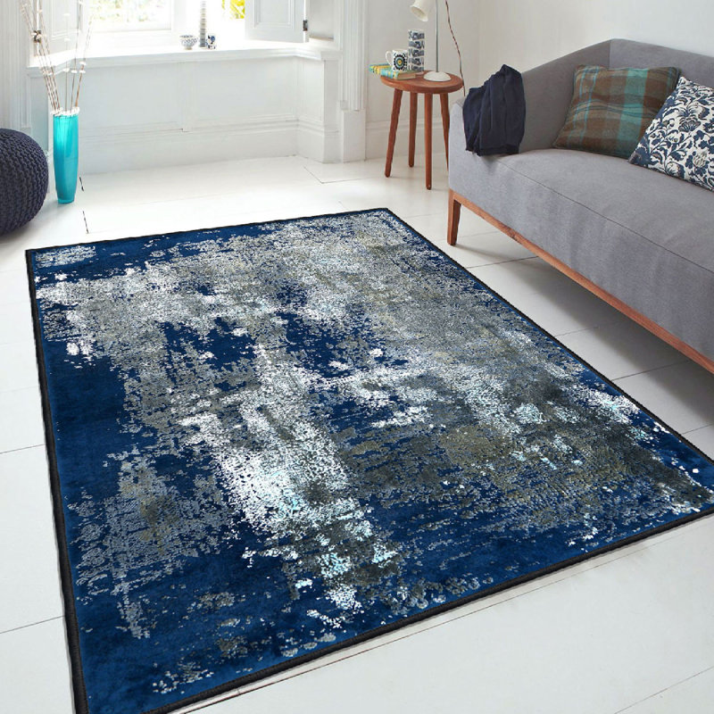 Premium Cotton Area Rug, 4.6 x 7.2 Feet | 100% Cotton, 1200 g/m², Pile Height: 0.4 in, Non-Slip PVC Underside, Antibacterial, Machine Washable | Elegant White, Blue & Beige Design for Living Room & Bedroom Décor