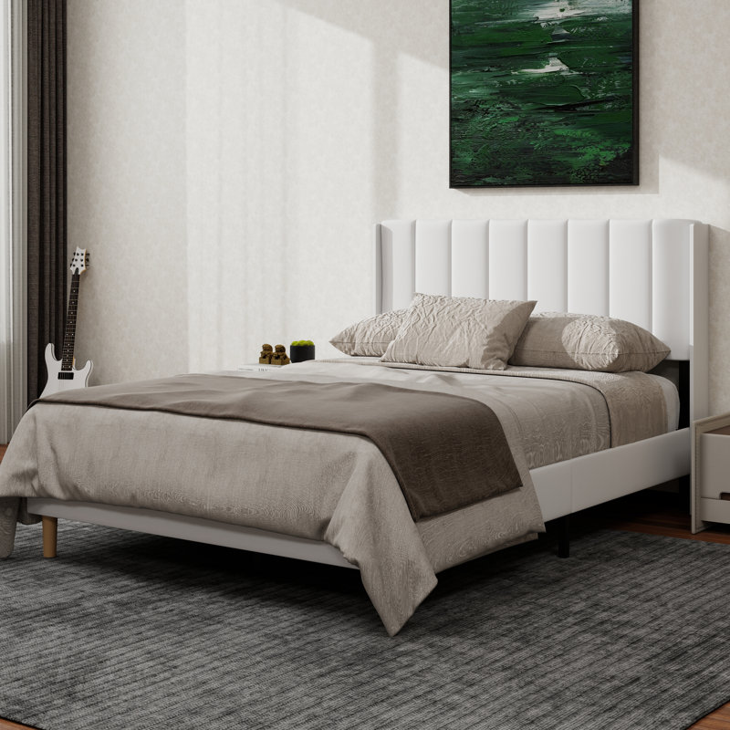 Structure de lit plateforme tapissier avec oreilles, Lit double, Blanc