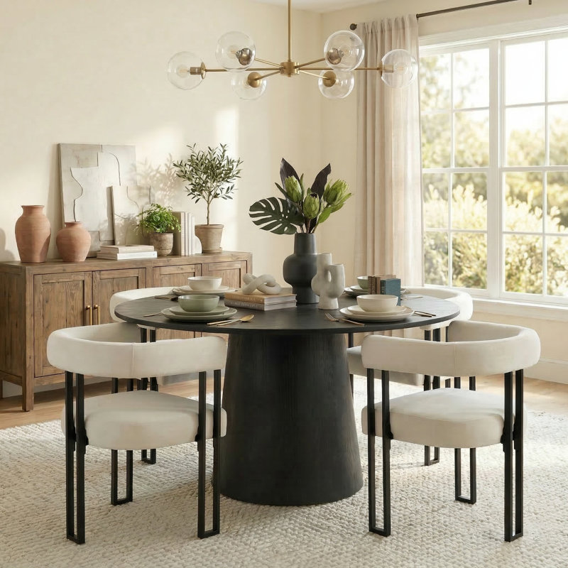 Carlen 4-Person Round Velvet Dining Set, Beige