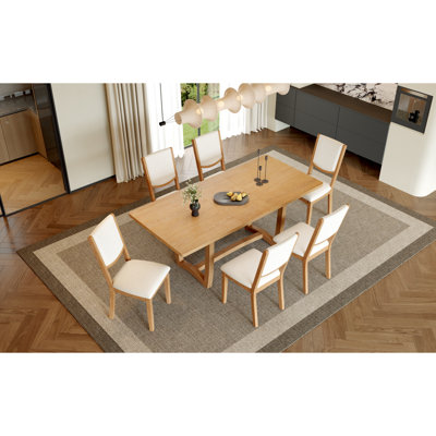 TREXM 7-Piece Extendable Dining Table Set for 6, Rectangular Kitchen Table with 6 Upholstered Chairs, Curved Back Dining Chairs for Dining Room(Natura