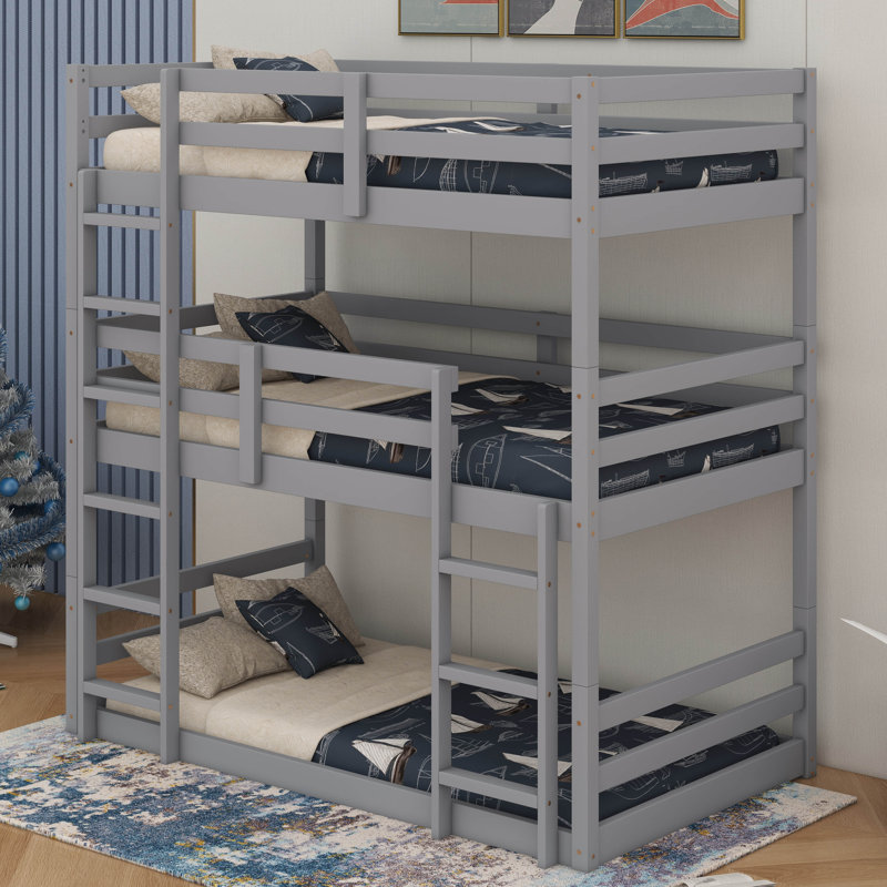 Twin Over Twin Over Twin Rubber Wood Triple Bunk Bed – Two Built-In Ladders, Guardrails & Detachable Design, Gray