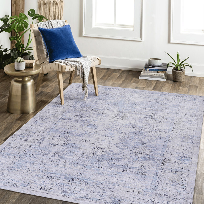 Tapis 6 x 9, teinture pliable pour la chambre à coucher, bureau antidérapant bleu et crème, motif