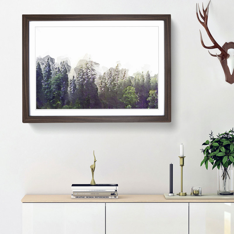 Pine Tree Forest in the Fog - Picture Frame Graphic Art Print on MDF, Walnut Framed, 62cm H x 87cm W x 2cm D