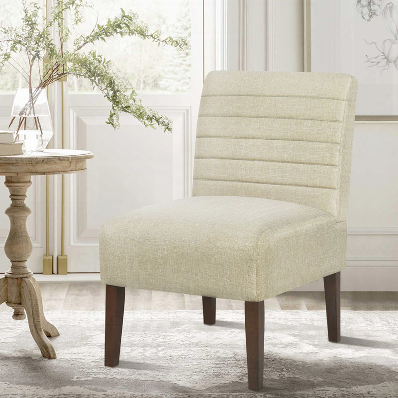 Chaise d'appoint moderne, fauteuil sans accoudoirs avec revêtement capitonné et pieds en bois, décoration confortable pour le salon et la chambre à coucher