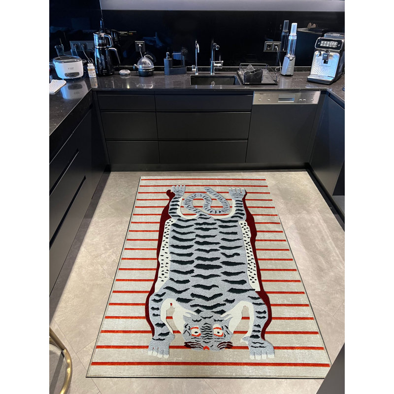 Tapis beige tissé à motif tigre, Tapis de couloir 3 pi 3,37 po x 9 pi 10,11 po