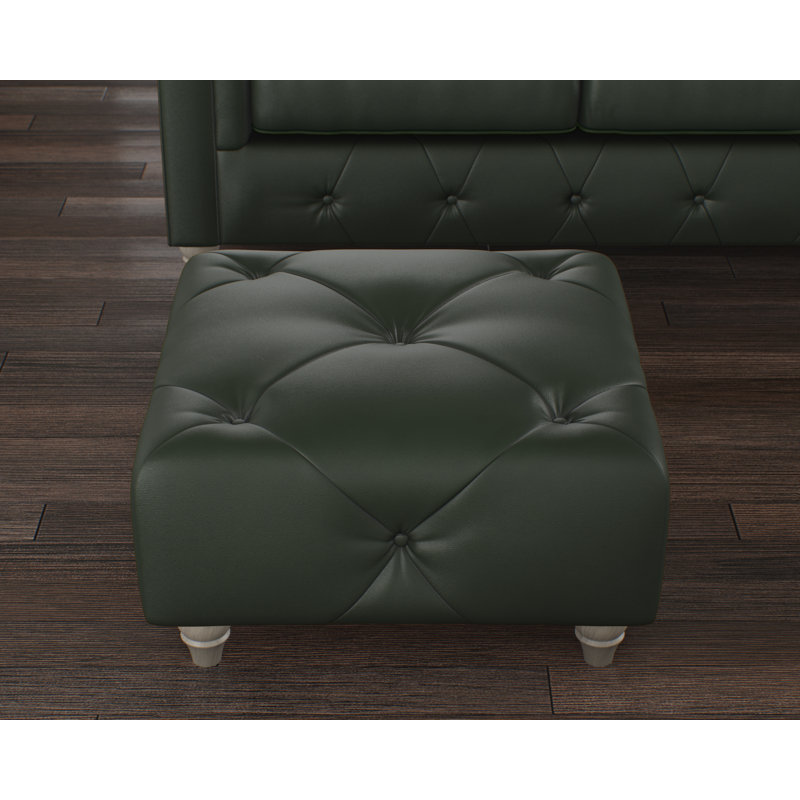 Melrose 65Cm Wide Genuine Leather Tufted Square Ottoman, Washed Oak, Hunter Green