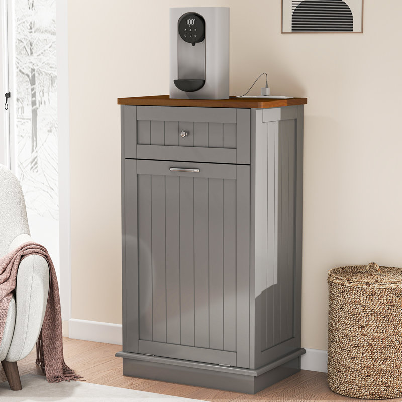Armoire à ordures à double inclinaison avec prise de courant, Gris/noyer