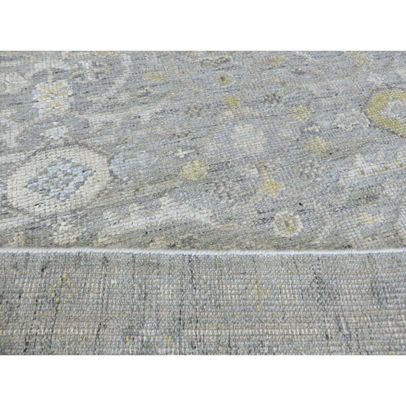 Tapis oriental en laine et soie noué à la main gris / or / ivoire Oushak, Rectangle 8 pi 2 po x 9 pi 10 po