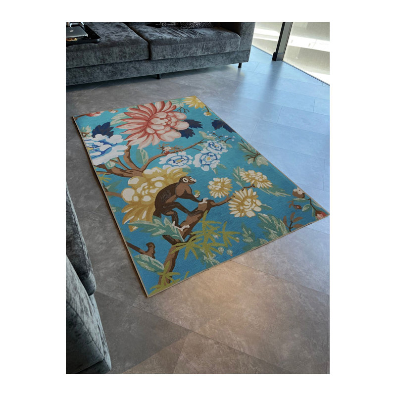 Tapis lavable décoratif à motif floral et singe bleu forêt, Rectangle 3 pi 3 po x 4 pi 11 po