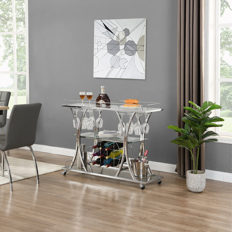 Plasencia Metal Rolling 3 Tiers Bar Cart with Wine Glass Storage and Handle, Silver