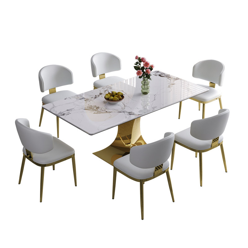 Table de salle à manger rectangulaire de 71 po, table de cuisine moderne avec base de sablier plaquée or élégante, grande table de salle à manger (blanche et dorée) avec chaises en cuir blanc
