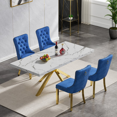 70" Faux Marble Dining Table Set, Rectangle Kitchen Table with Stainless Steel Pedestal, Dining Room Table with Tufted Dining Chairs, Modern Dining Set for Kitchen Living Room