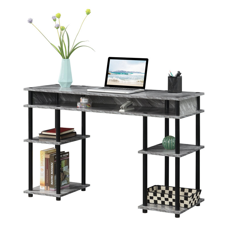 Edwin No Tools Writing Desk with Shelves, Gray Faux Marble/Black Poles