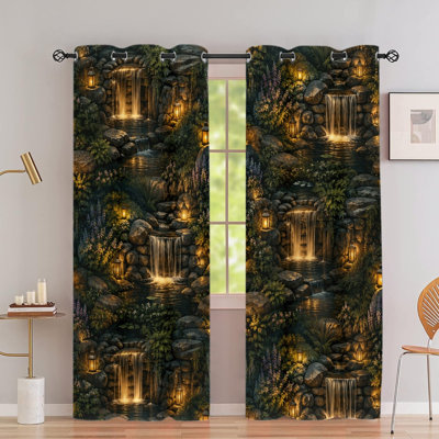 2Pcs Night Lantern Waterfall Nature Landscape Print Grommet Blackout Curtains, Artistic Scenic Pattern, Polyester Window Drapes, Thermal Insulated Sun Blocking, Noise Reducing & Privacy Protection, Stylish Indoor Home Decor for Bedroom, Living Room