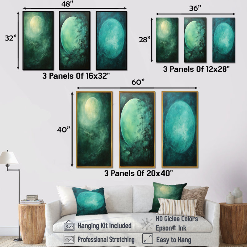 Jade Jewel Spooky Mooonlight Fog - Moon, impression d'art mural, ensemble de 4, Cadre flottant blanc, H 28 po x l 36 po