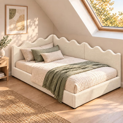 Boucle Upholstered Kids Bed with Adjustable Wave Safety Rails