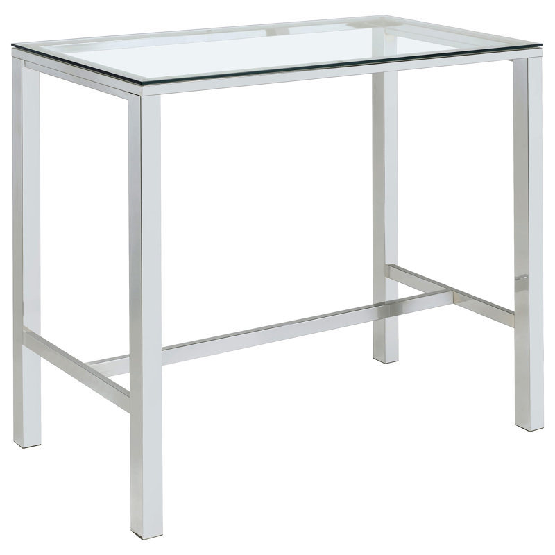 Table de bar rectangulaire de style pub rectangulaire avec dessus en verre trempé transparent et structure en métal chromé poli. Table de comptoir moderne et minimaliste idéale pour les bars, salles à manger et lofts à domicile.