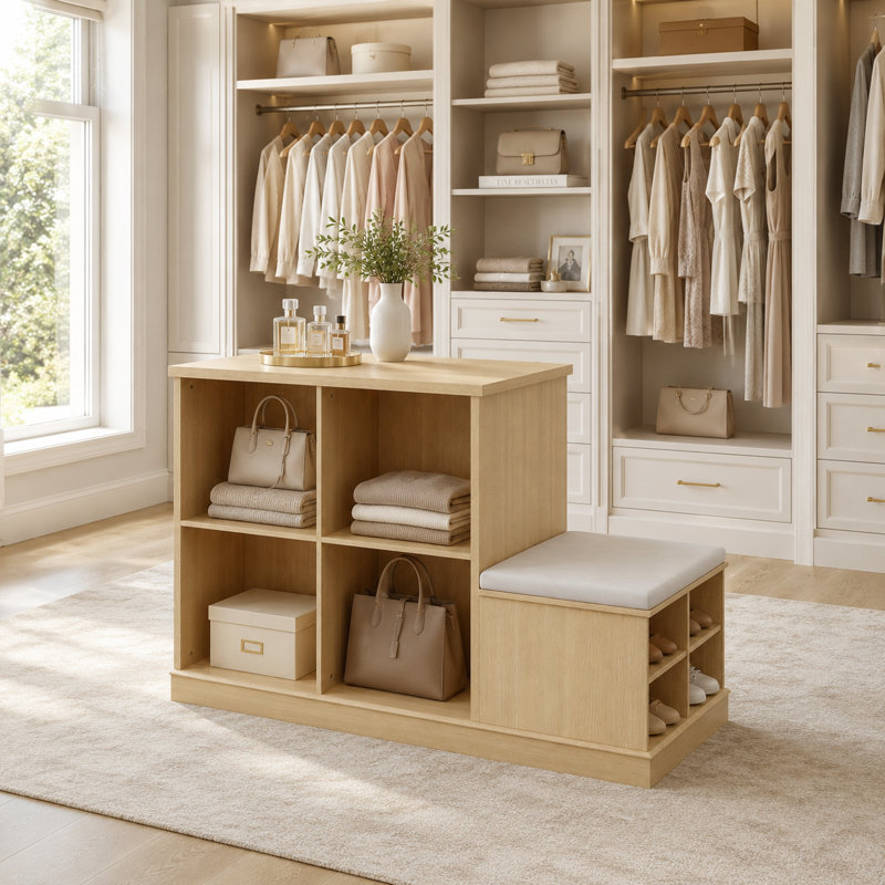 33'' H Gold Oak Closet Island With Cushioned Shoe Bench