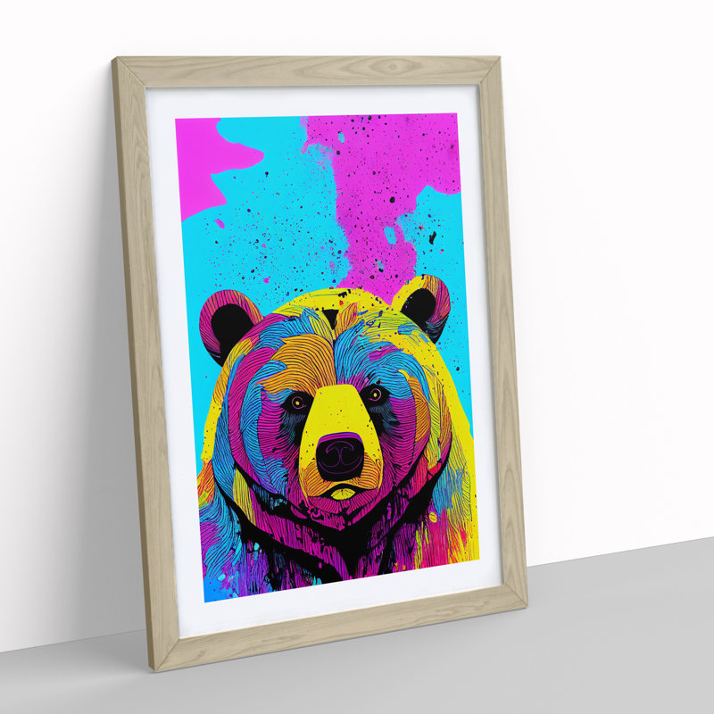 Colourful Bear No.3 - Wall Art, 36cm H x 27cm W x 2cm D, Oak Framed, White