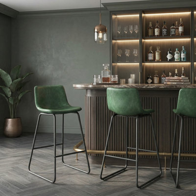 3 Pcs 26 Inch Counter Height Bar Stools, Modern Faux Leather Bar Chairs With Backrest, Metal Legs & Footrest For Kitchen Island, Green